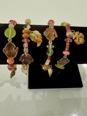 Autum Fall Gold Tone Leafy Charm Beaded Stretch Bracelet - Set of 4